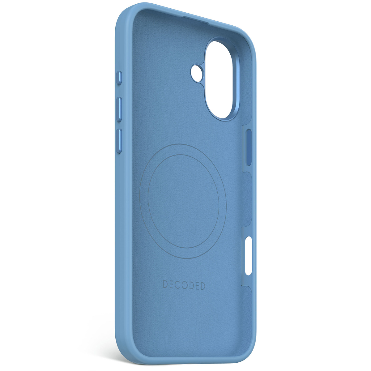 Coque de téléphone bleue avec un cercle et le mot DECODED.