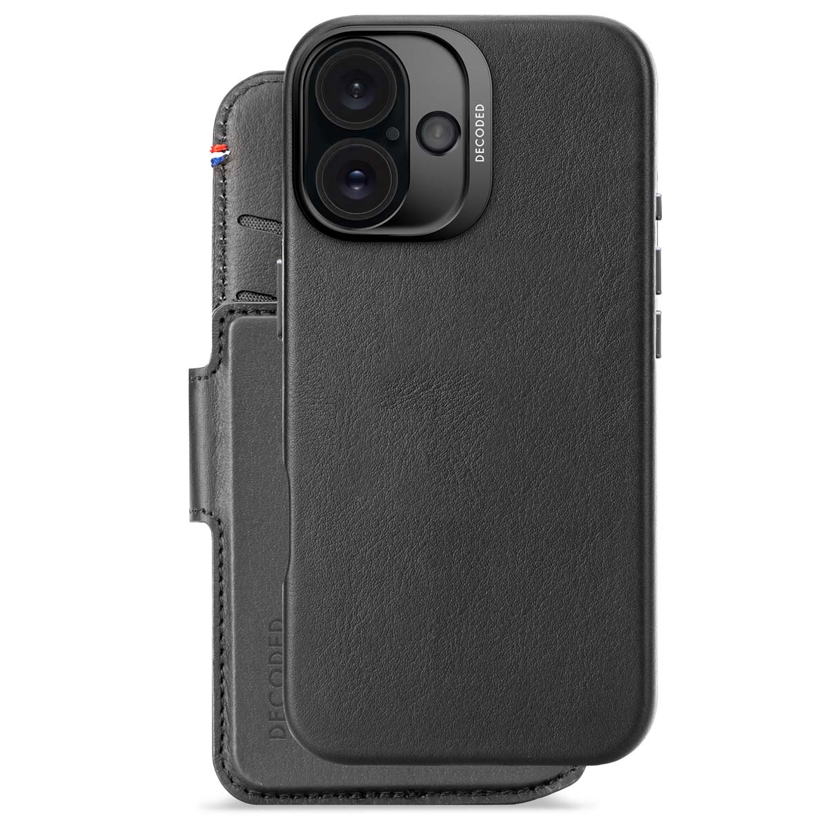Una custodia per telefono in pelle nera con un telefono e un ritaglio per la fotocamera, la parola 'DECODED' è visibile.