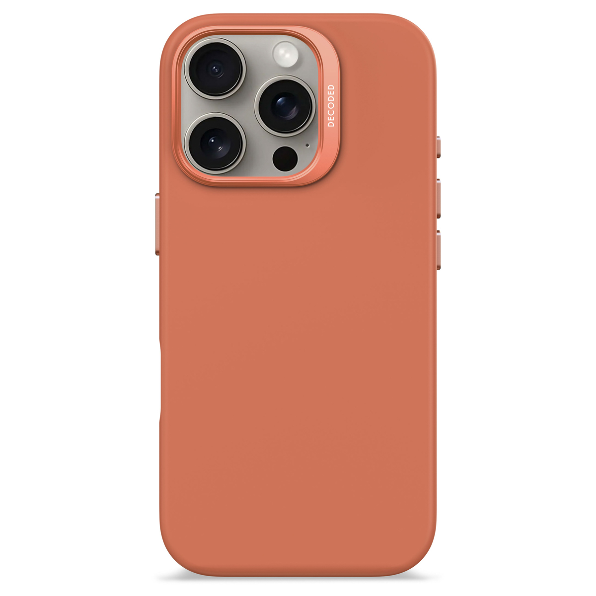 Een oranje telefoonhoesje met een uitsparing voor de camera. De hoes heeft een glad oppervlak.
