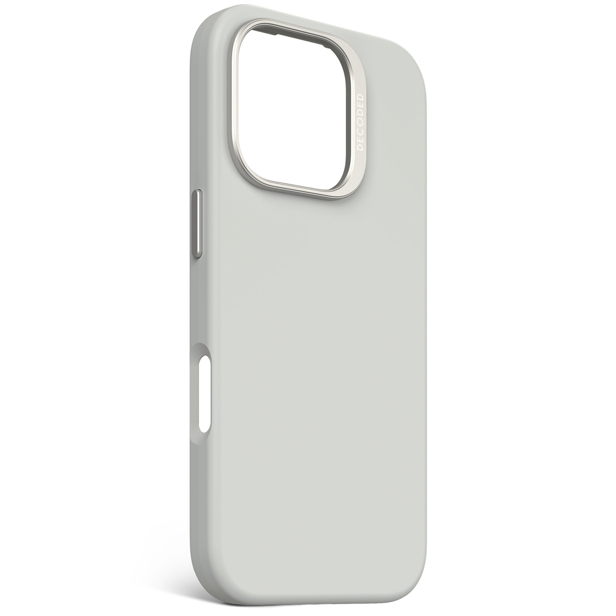 Witte telefoonhoes met zilveren camera-uitsparing en knoppen. Het merk is Decoded.
