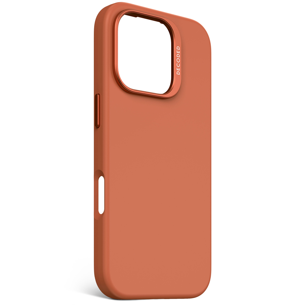 Oranje iPhone-hoes met een oranje cameraring. Het is een telefoonhoesje.