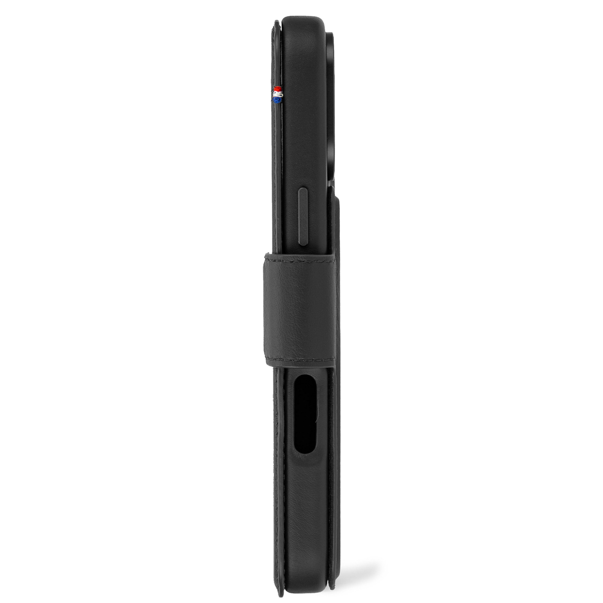 Custodia nera per telefono con cinturino e logo.