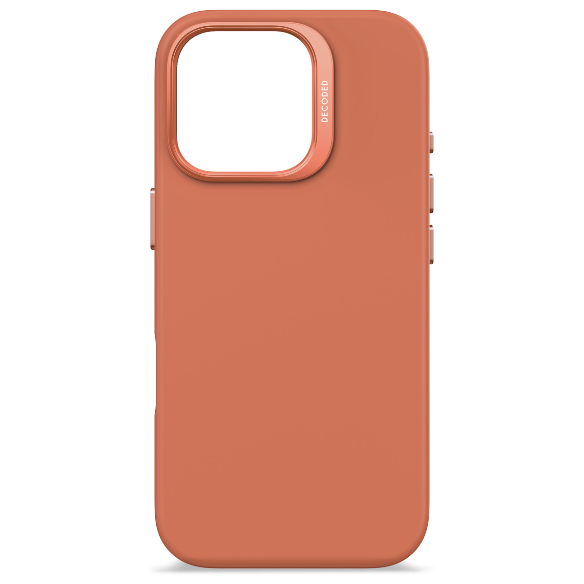 Oranje telefoonhoes met een camerarand en het woord 'DECODED'.