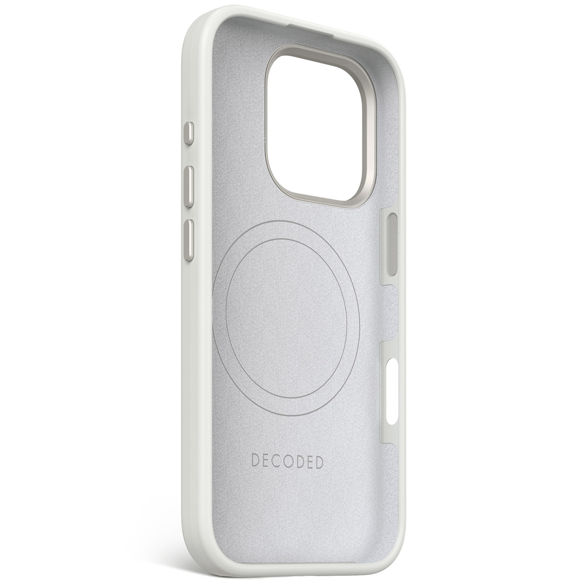 Witte binnenkant van de telefoonhoes. De hoes heeft een cirkelvormig ontwerp en het woord 'DECODED' is gedrukt.