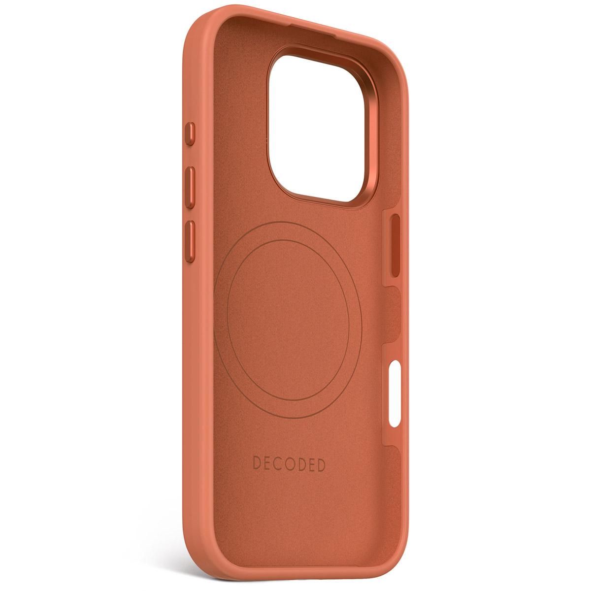 Een oranje telefoonhoes, die de binnenkant met een cirkel laat zien. De tekst luidt 'DECODED'.