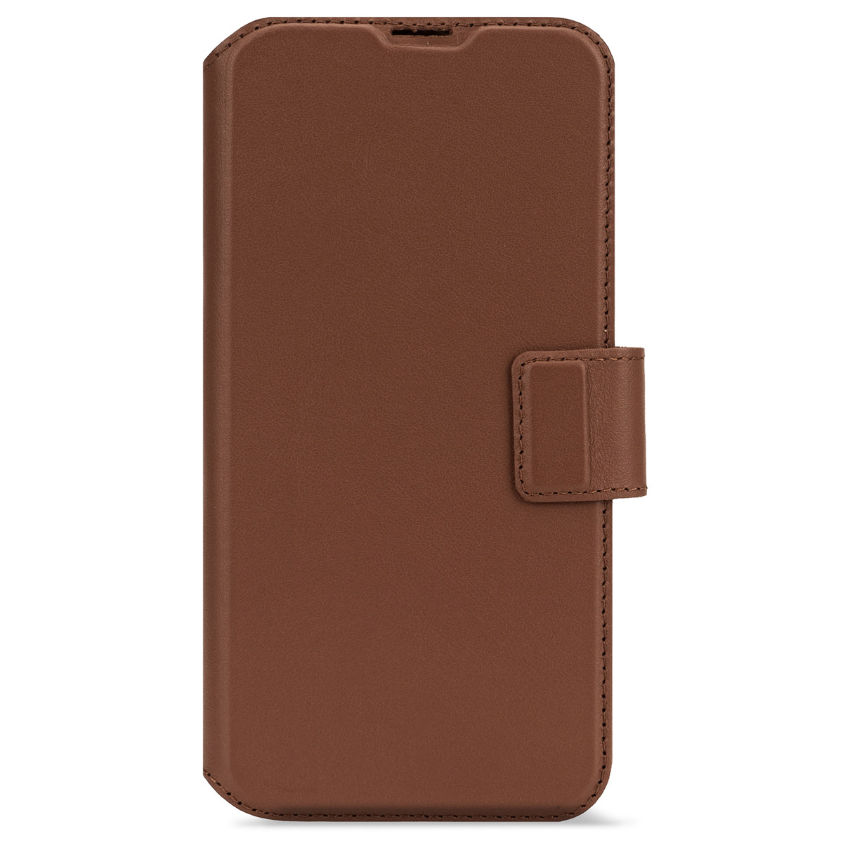 Étui de téléphone en cuir marron. Avec fermoir et coutures.