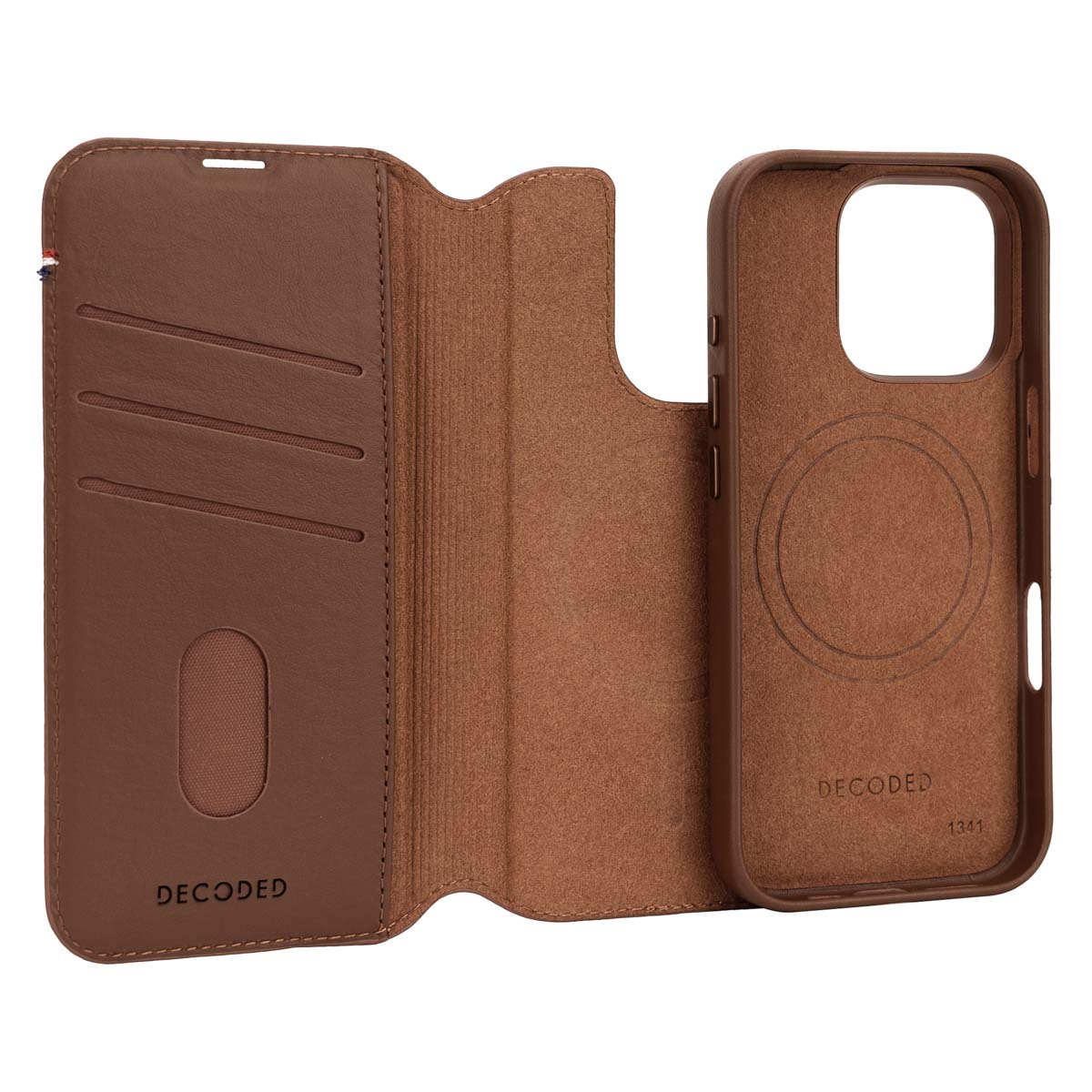 Étui de téléphone en cuir marron, ouvert pour afficher les fentes pour cartes et l'intérieur du téléphone.