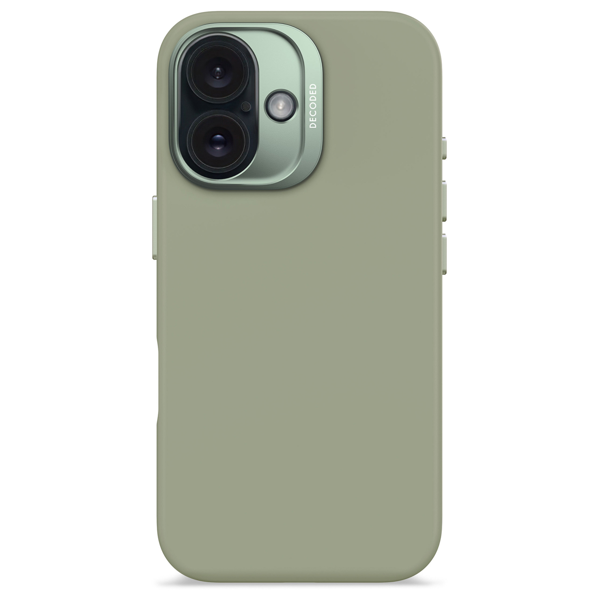 Groen telefoonhoesje met camerabult. 'DECODED' staat erop.