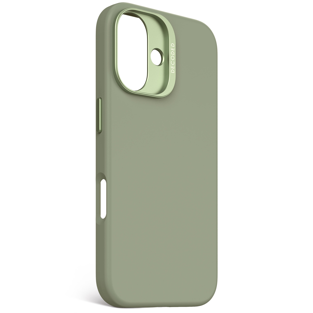 Olijfgroene telefoonhoes met een groene rand rond de camera.
