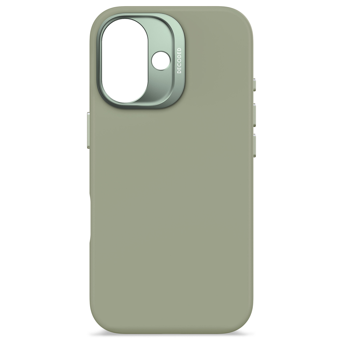 Een lichtgroene telefoonhoes met een camera-gedeelte en het Decoded-logo.