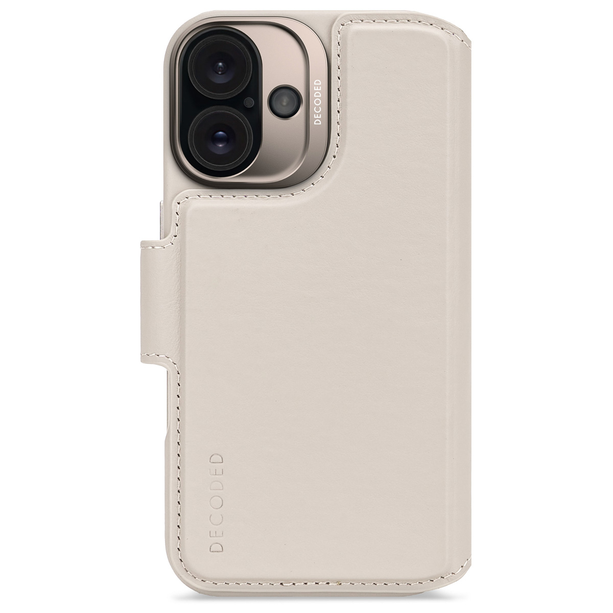 Gebroken witte telefoonhoes met uitsparing voor dubbele camera en portemonnee flap. Merk zichtbaar.