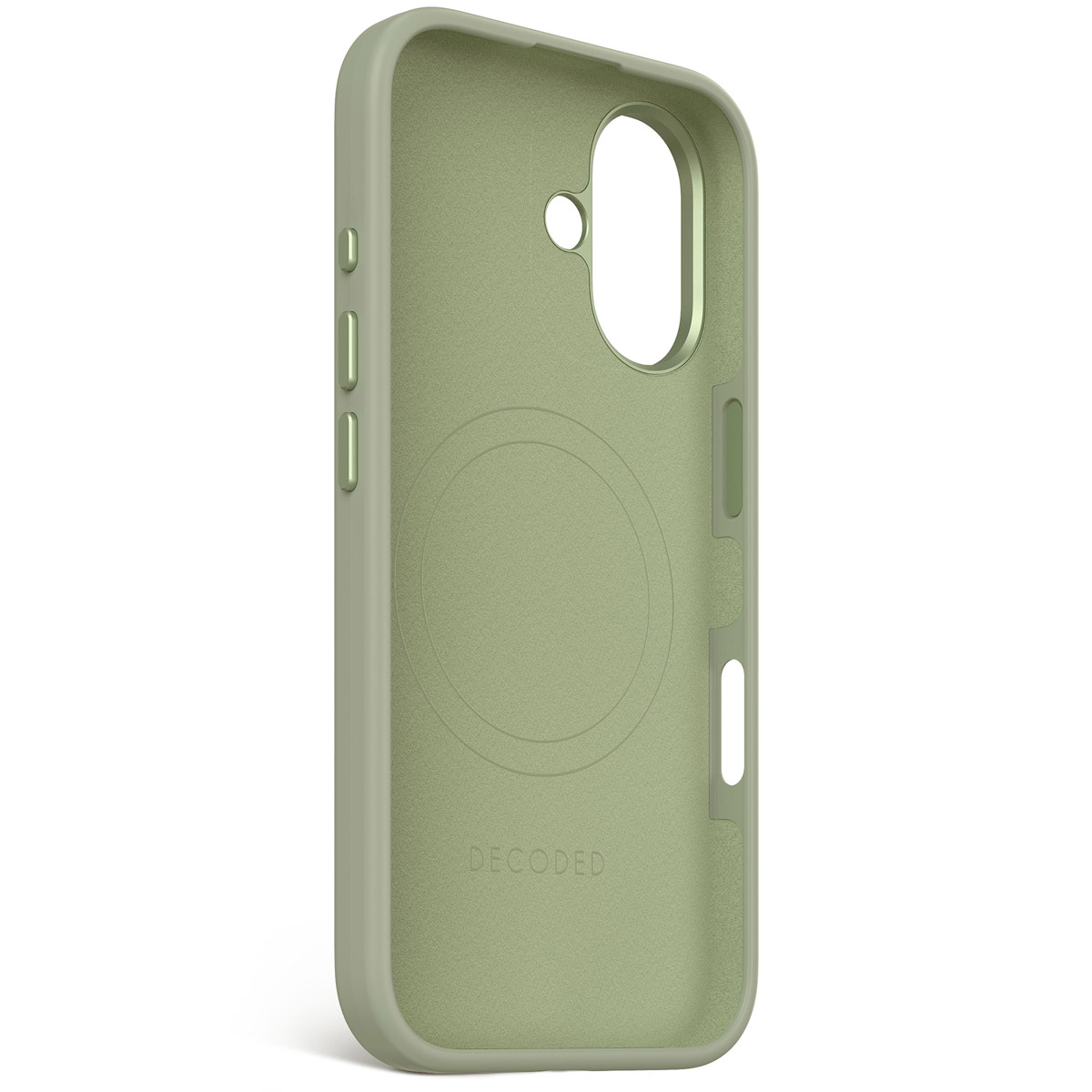 Groen telefoonhoesje met een cirkel en het woord DECODED.
