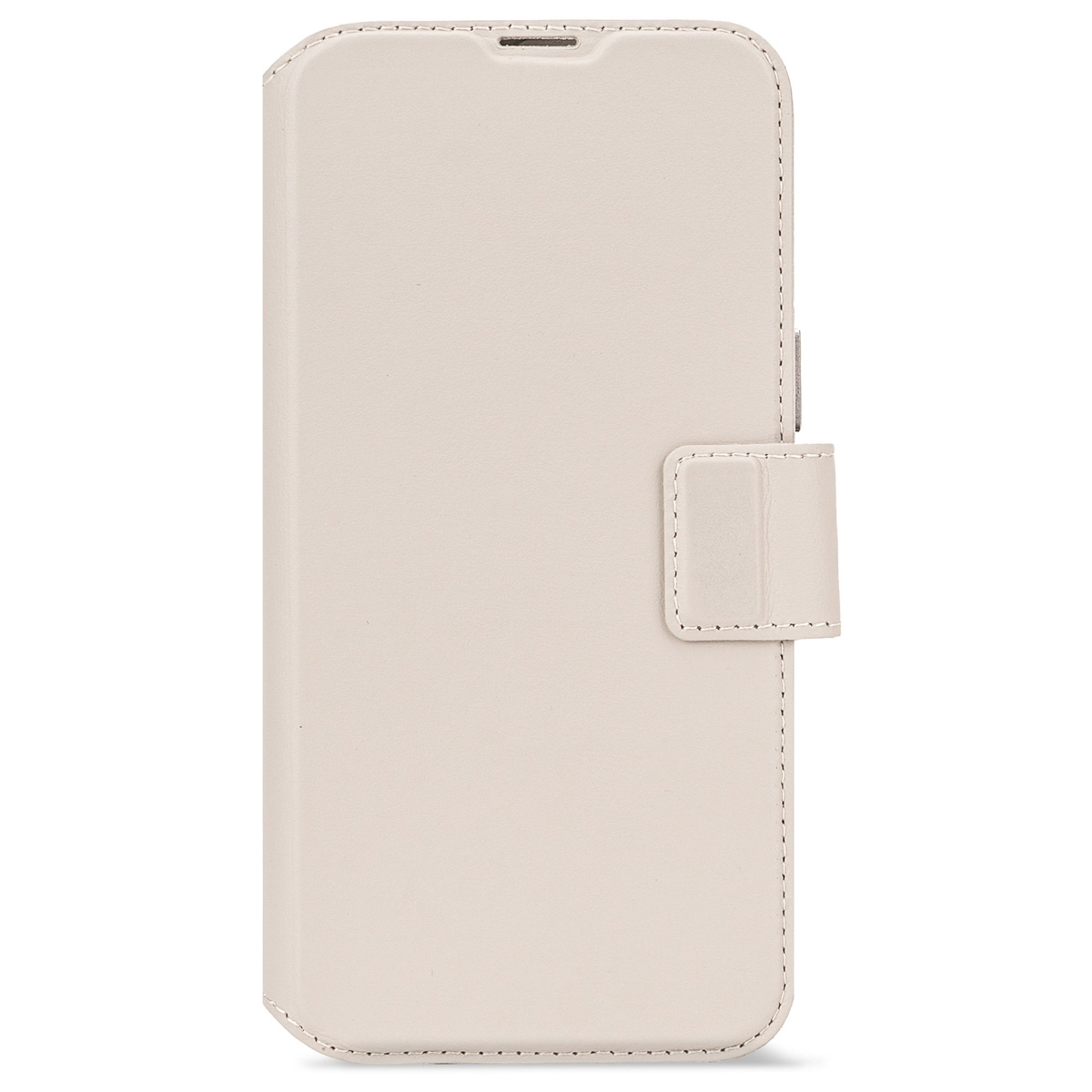 Witte telefoonhoes met magnetische sluiting, gesloten, met een neutrale achtergrond.