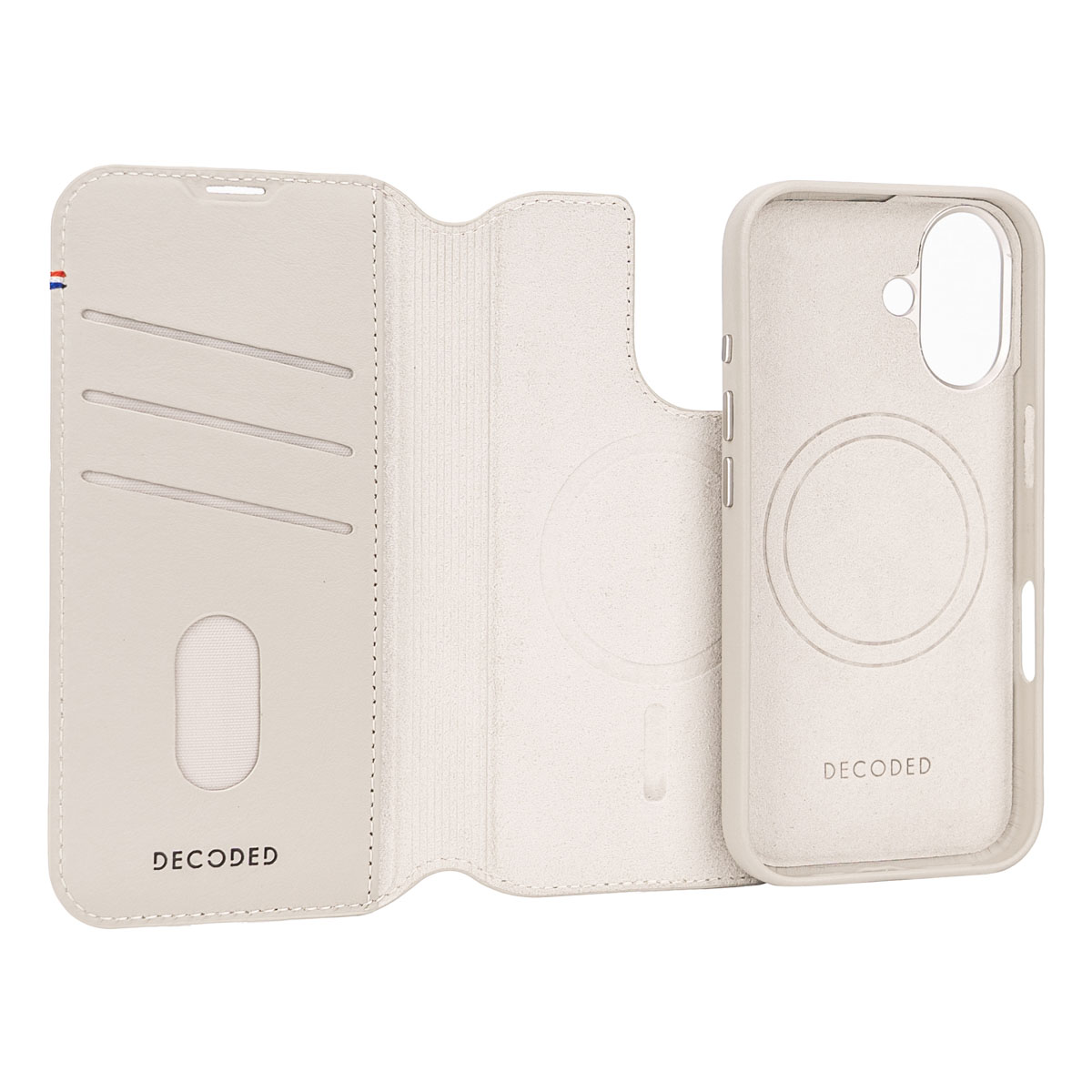 Open witte telefoonhoes met kaartsleuven. Binnenin een telefoonhouder met de merknaam.