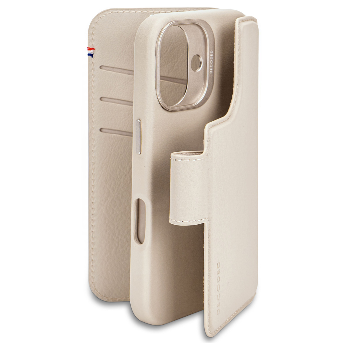 Gebroken witte telefoonhoes, open, met zichtbare kaartsleuven en blootliggende camera.