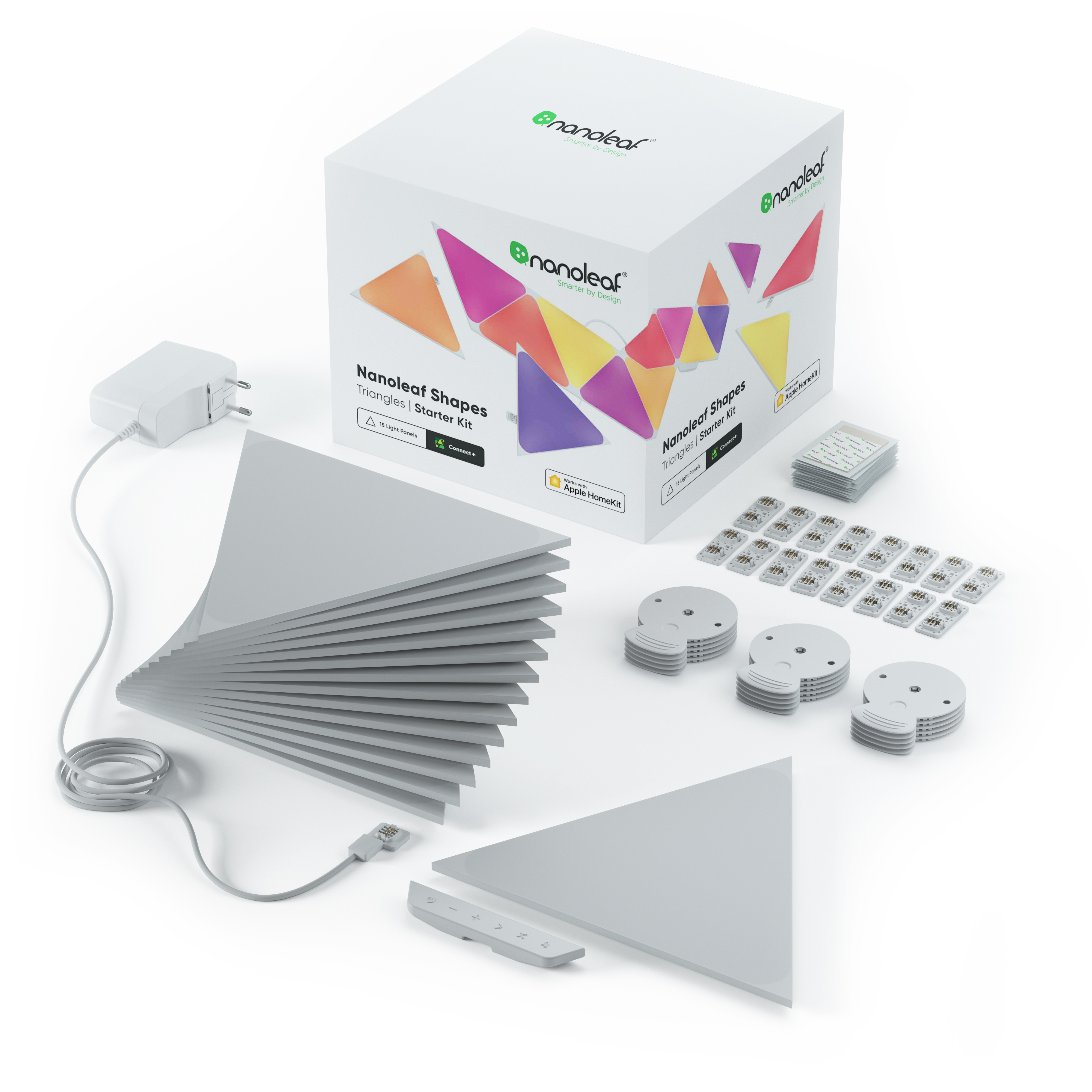 Nanoleaf Shapes Starter Kit. Enthält Lichtpaneele, Verbinder, Netzteil und Zubehör.