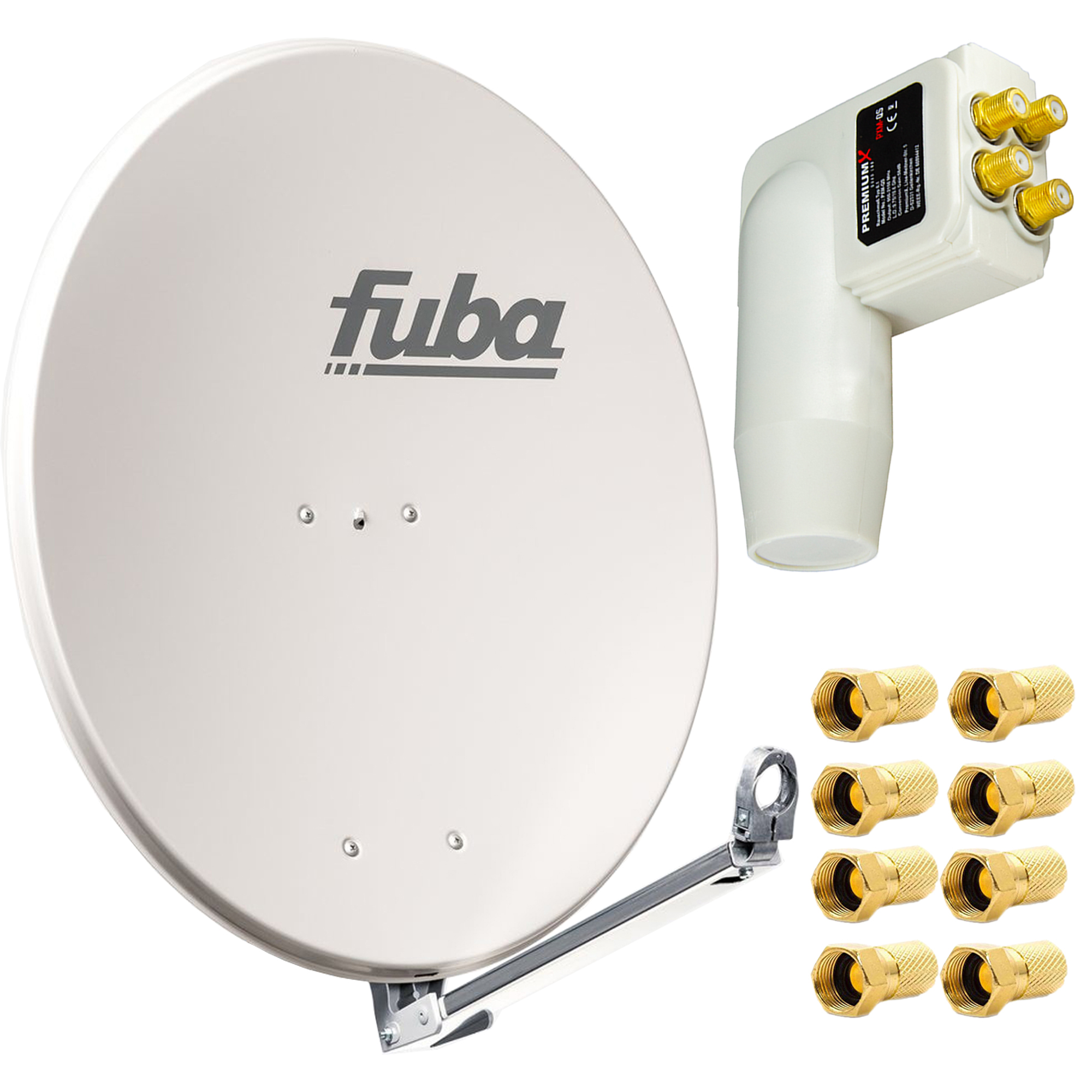 Eine weiße Satellitenschüssel mit Arm, eine weiße Box mit Anschlüssen und einige goldene Anschlüsse.