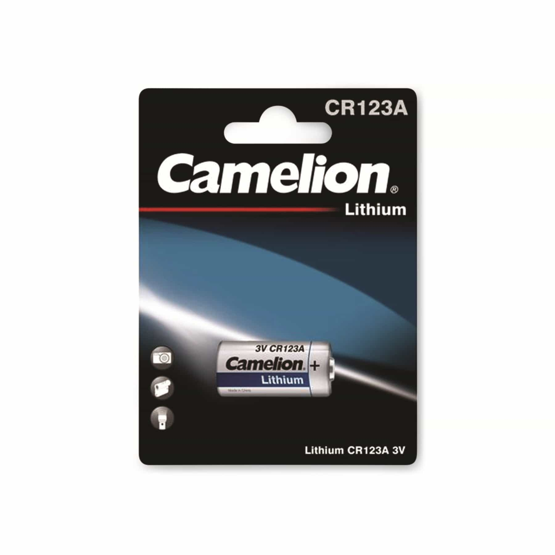 Bateria CR123A w opakowaniu. Etykieta: Camelion Lithium.