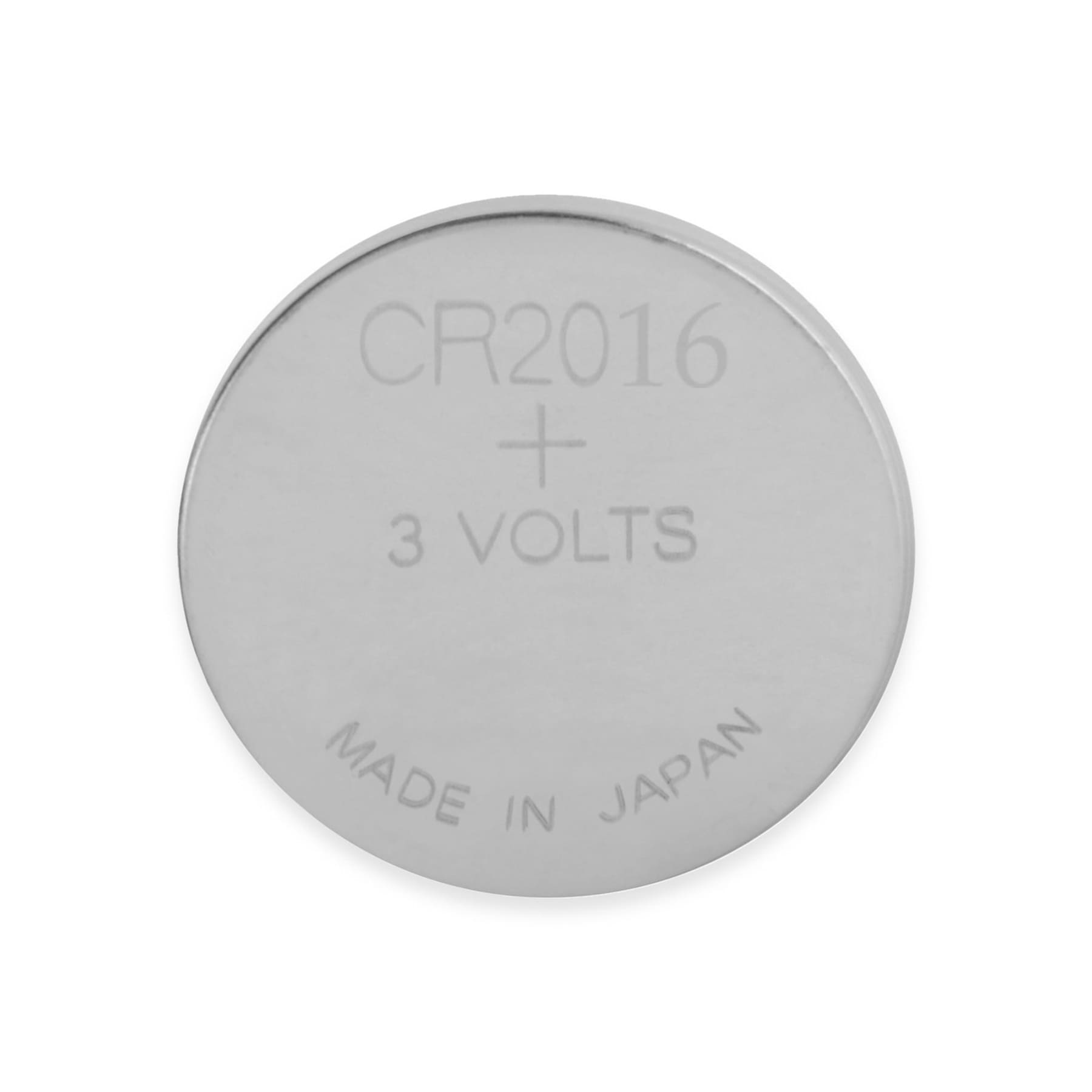 Nahaufnahme einer runden, silbernen CR2016 3-Volt-Batterie mit Text.