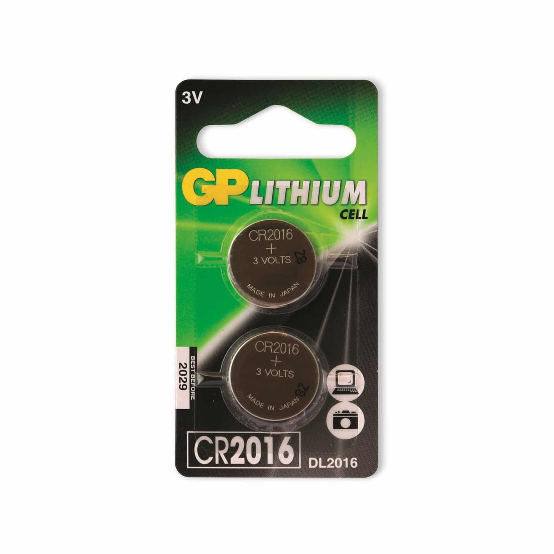 Zwei CR2016 3V Lithium-Knopfzellen in einer grün-weißen Blisterverpackung.