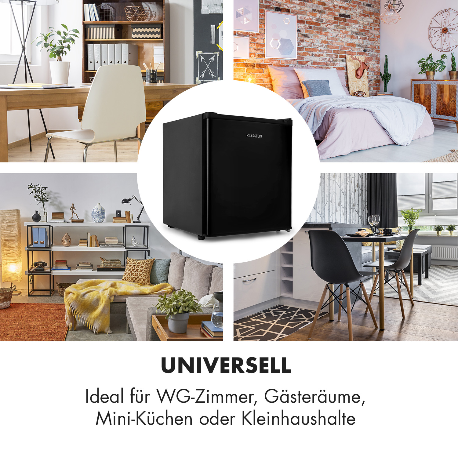 Ein schwarzer Kühlschrank in einem Kreis, mit verschiedenen Raumszenen darum herum.