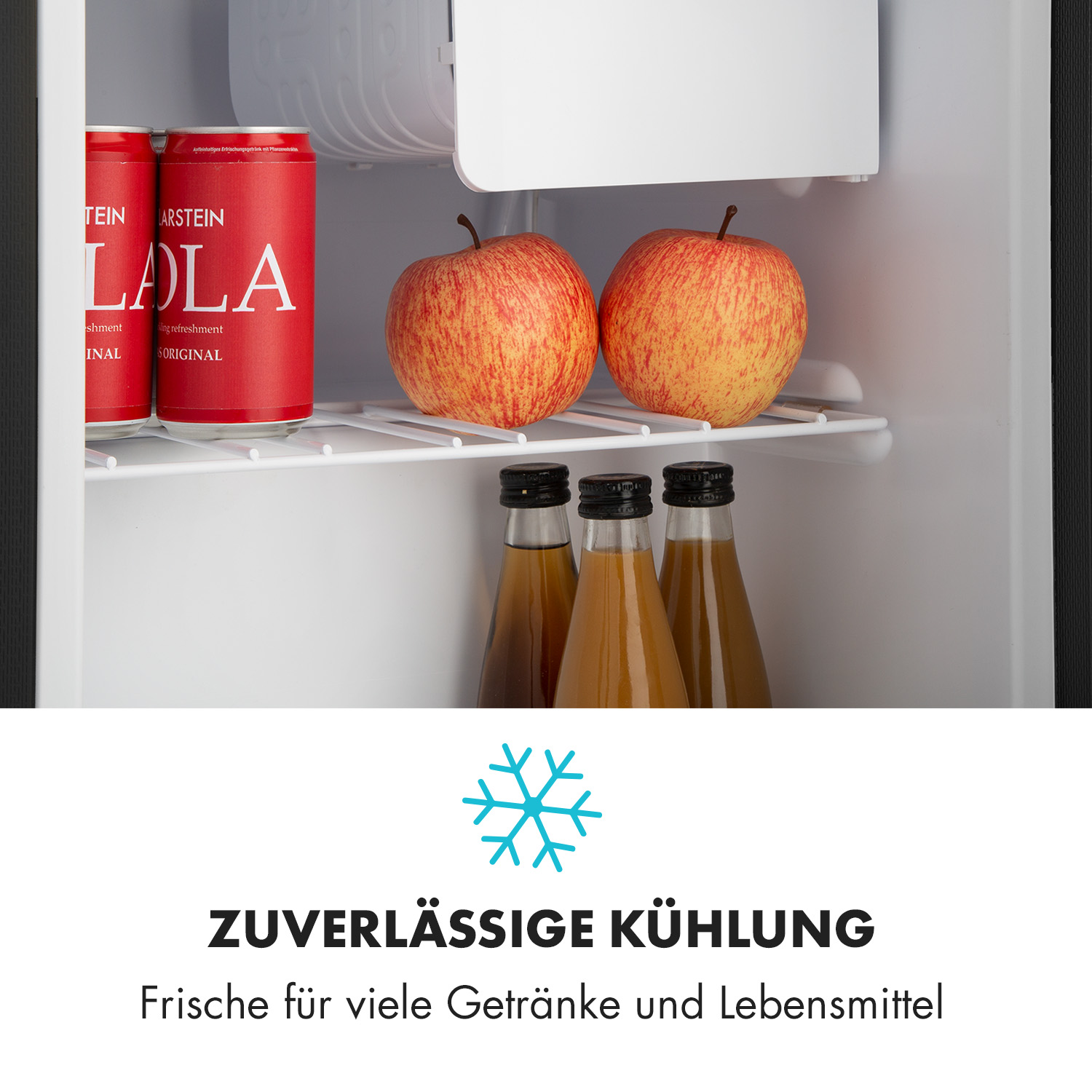 Un frigorífico con manzanas, bebidas y texto: "ZUVERLÄSSIGE KÜHLUNG" (Enfriamiento fiable).
