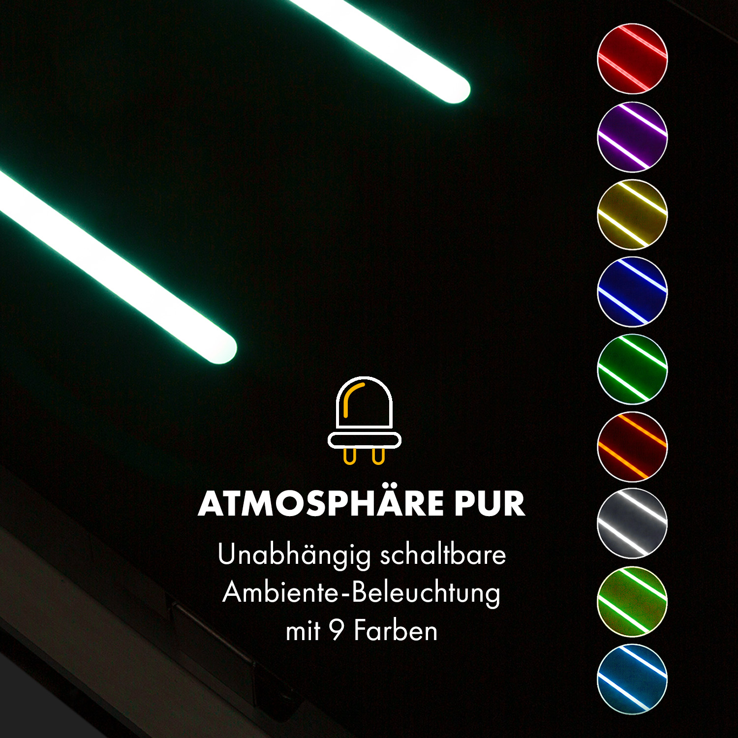 Sfondo nero con due luci al neon verdi e un set di 9 luci di diversi colori.