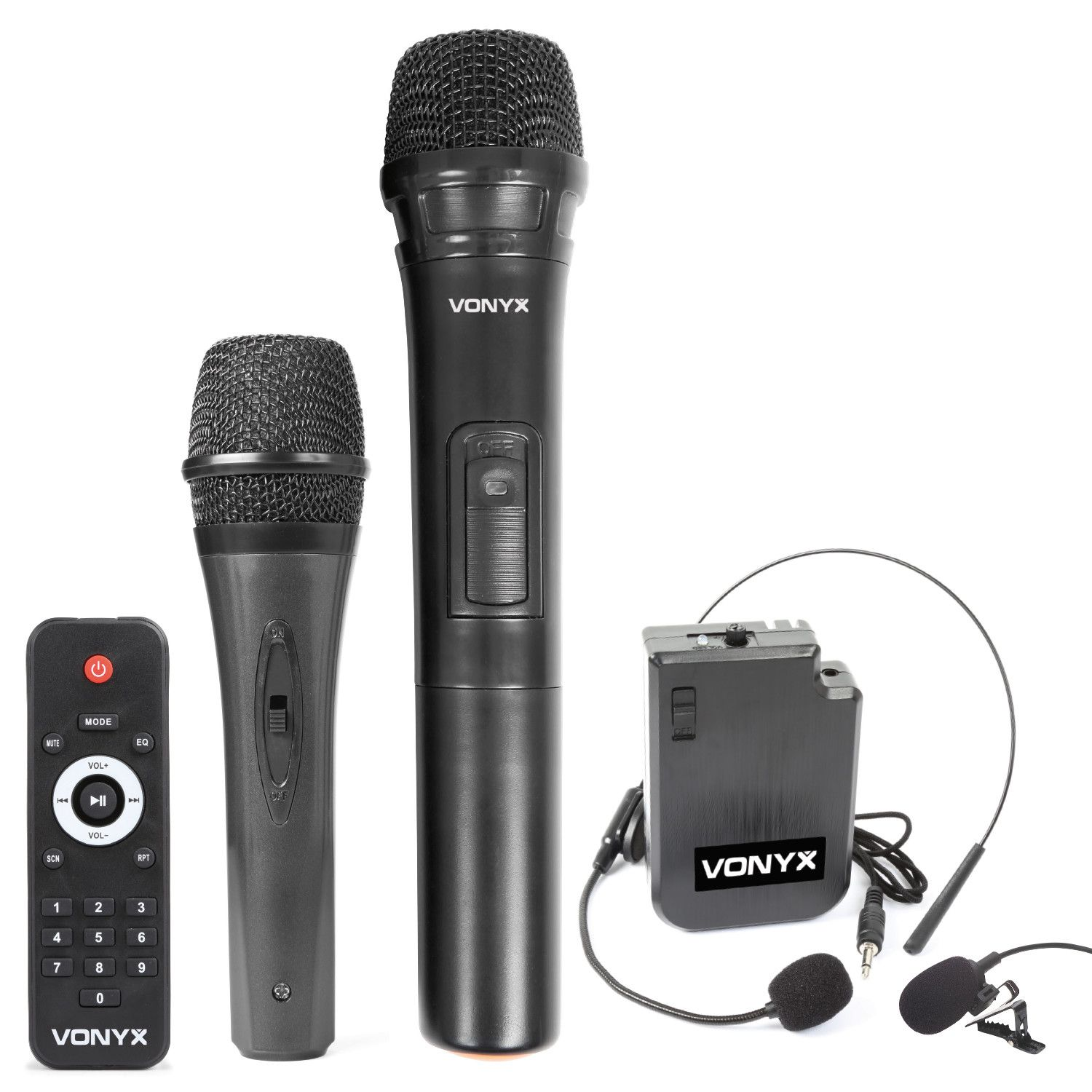 Set zwarte Vonyx-microfoons, afstandsbediening en ontvanger. Inclusief twee draadloze microfoons.