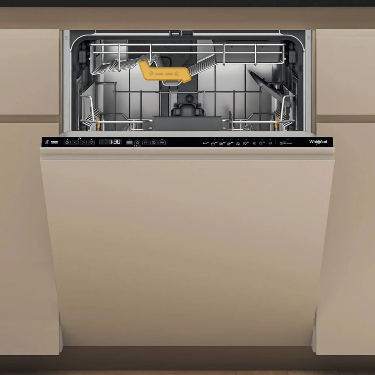 A white built-in dishwasher is open, with racks and controls visible.