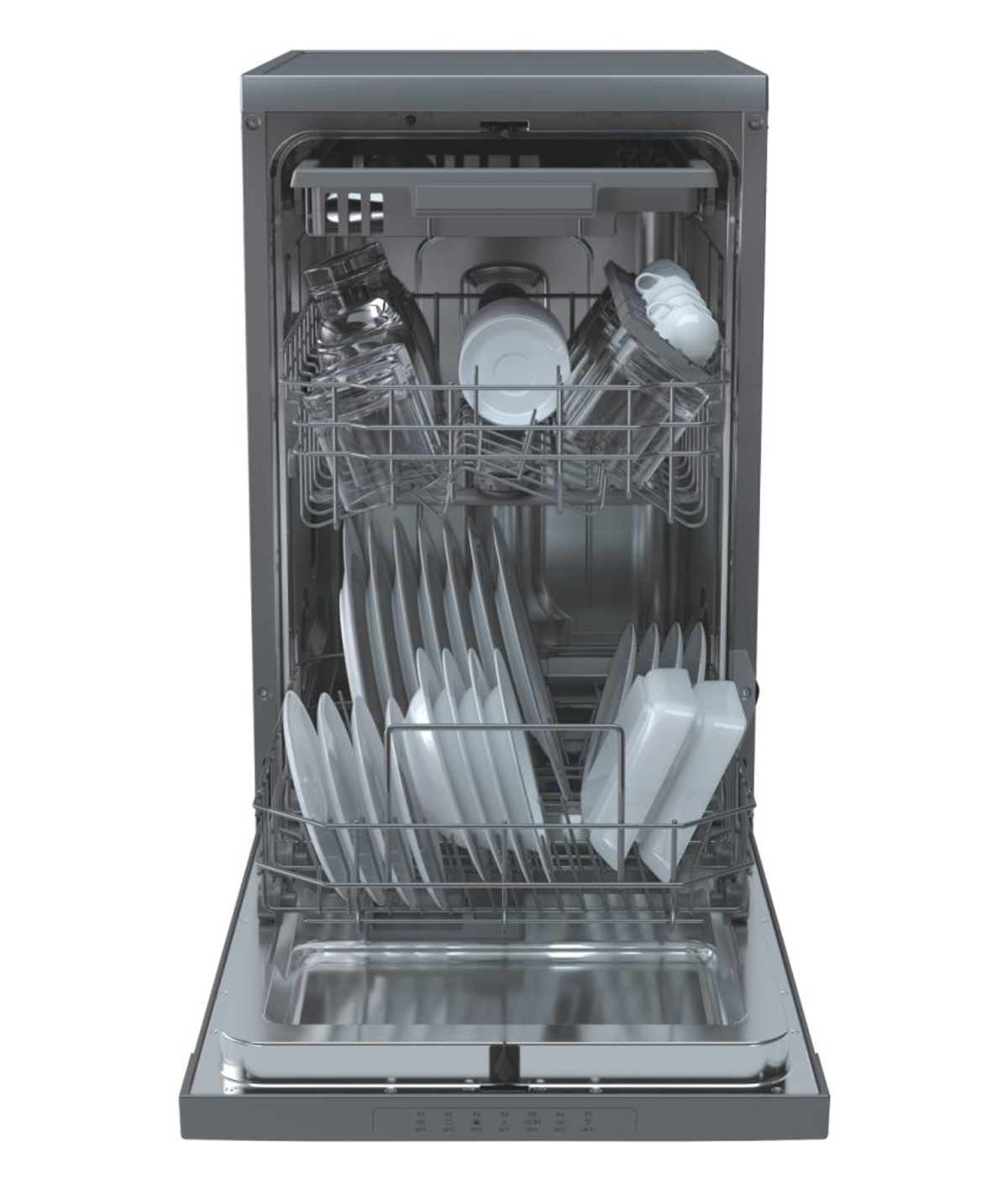 Lavavajillas con la puerta abierta, lleno de platos, vasos, platos y utensilios limpios.