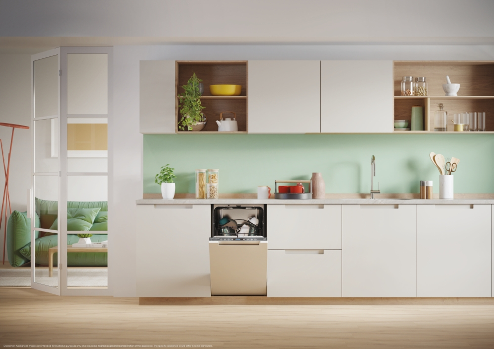 Una cucina moderna con lavastoviglie aperta, armadi e vista su un soggiorno.