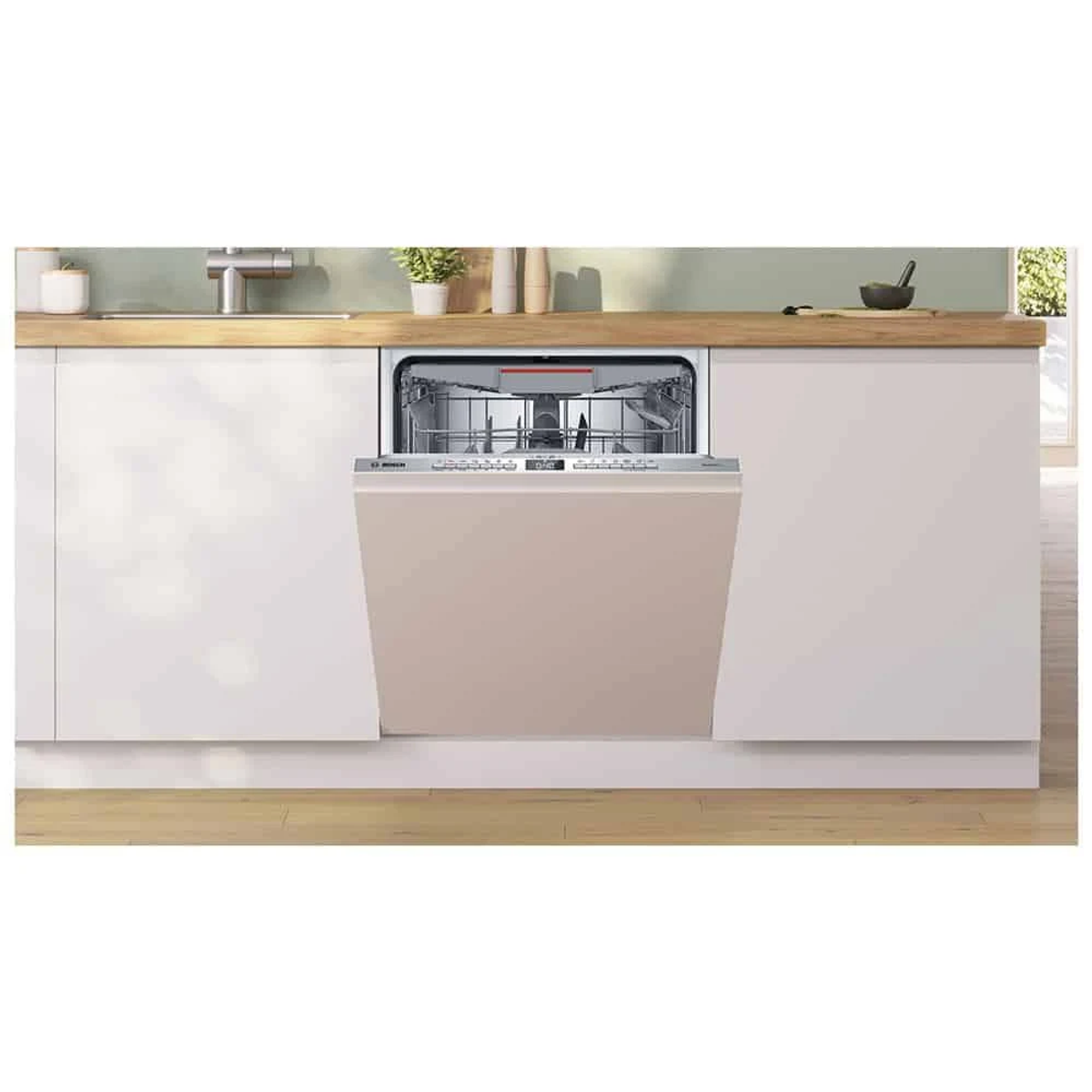 Lavavajillas integrado en un mueble de cocina, con la puerta abierta.