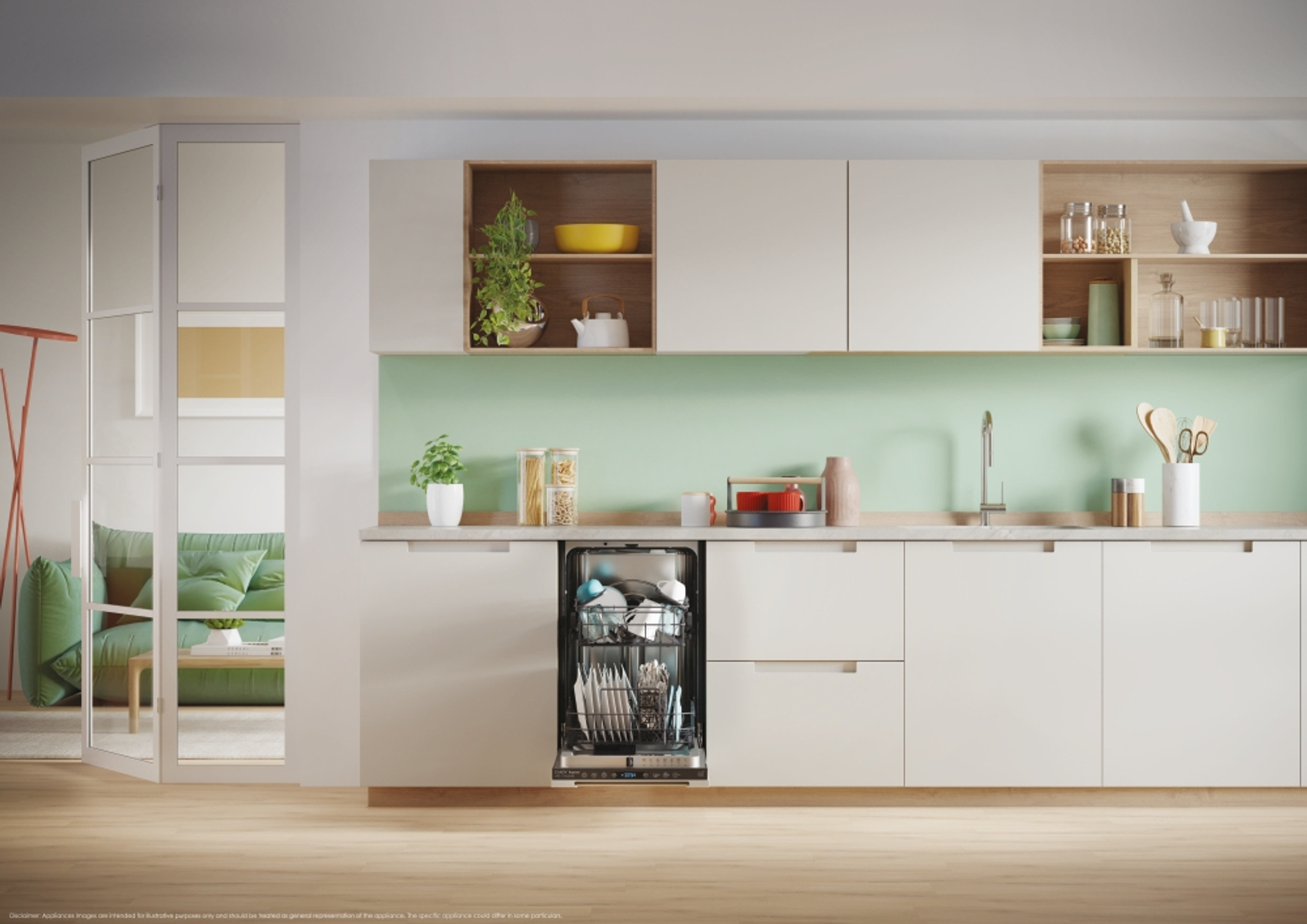 Cucina moderna con lavastoviglie aperta, armadi chiari e scorcio di un soggiorno.