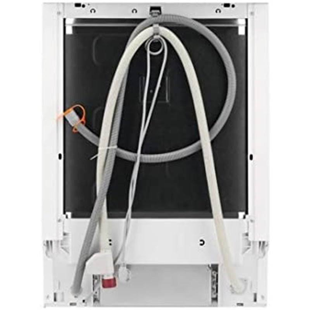 Tył białej zmywarki, pokazujący węże i połączenia.