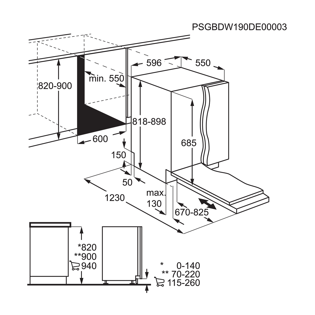 Schemat z wymiarami zmywarki do zabudowy, pokazujący wysokość, szerokość i głębokość.