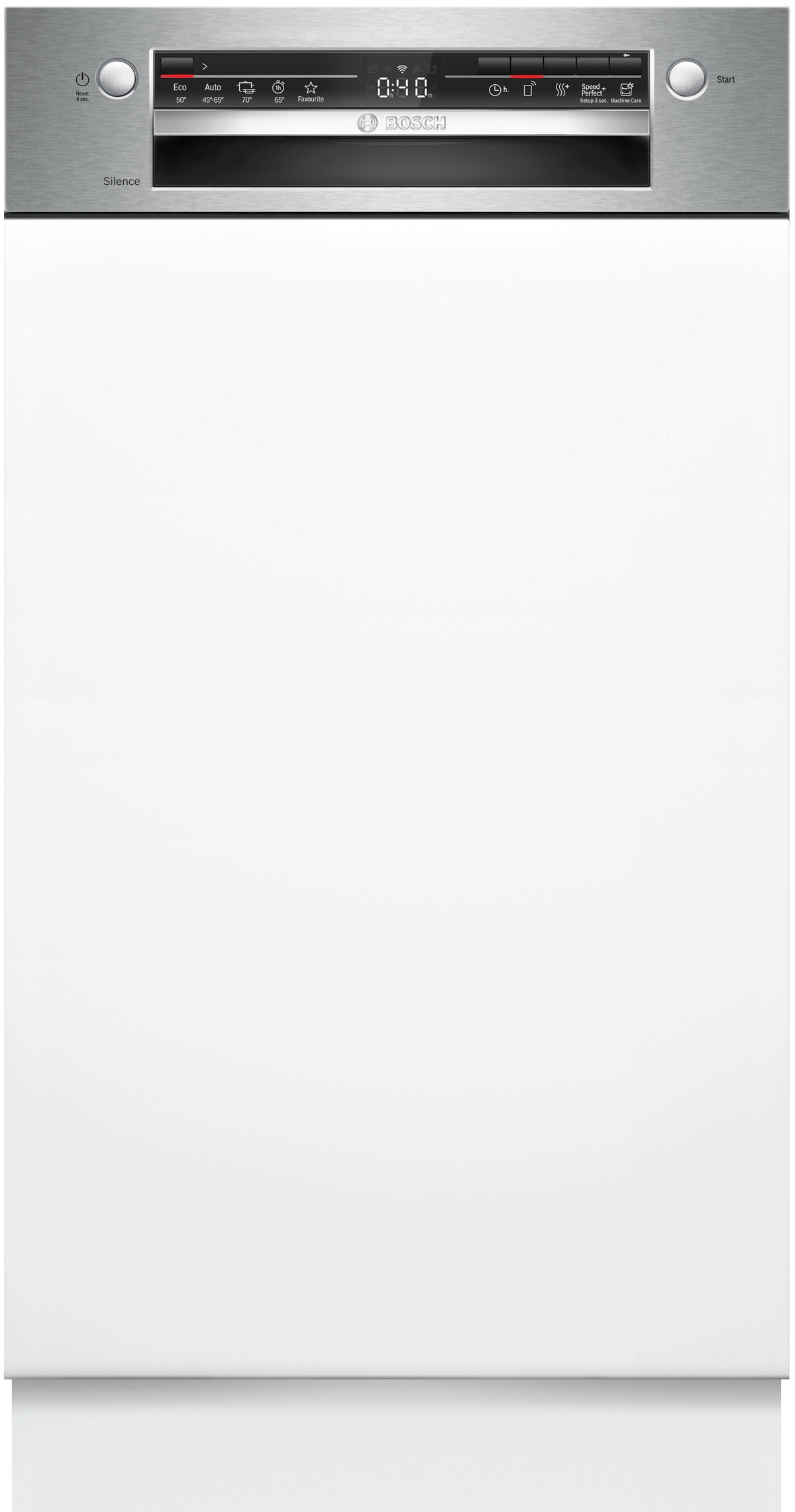 Biała zmywarka ze srebrnym panelem sterowania. Wyświetlacz pokazuje 0:48.