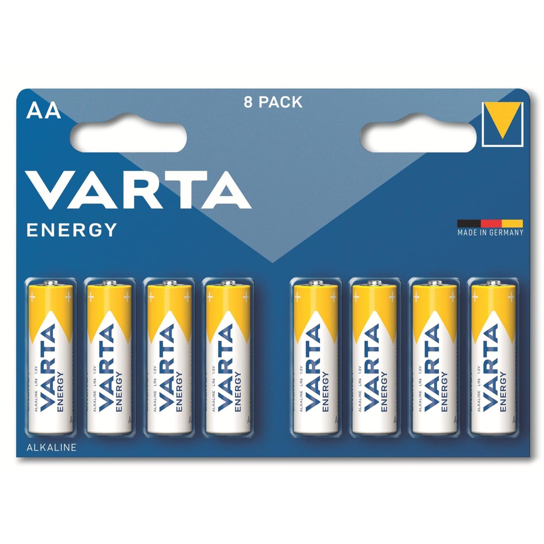 Baterie Varta AA w opakowaniu. Baterie są żółte i białe. Niebieskie tło.