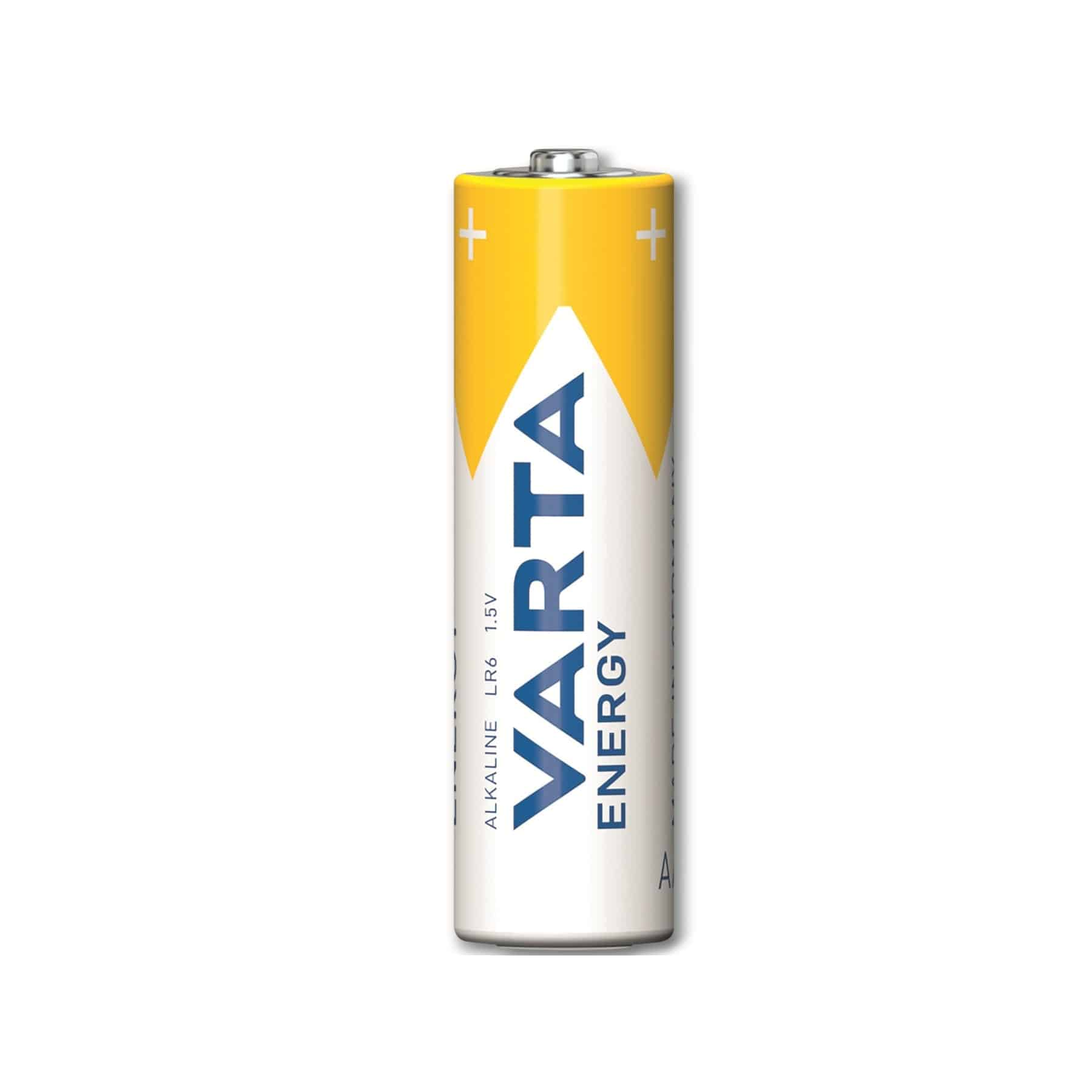 Bateria Varta AA, żółto-biała, z niebieską etykietą VARTA ENERGY.
