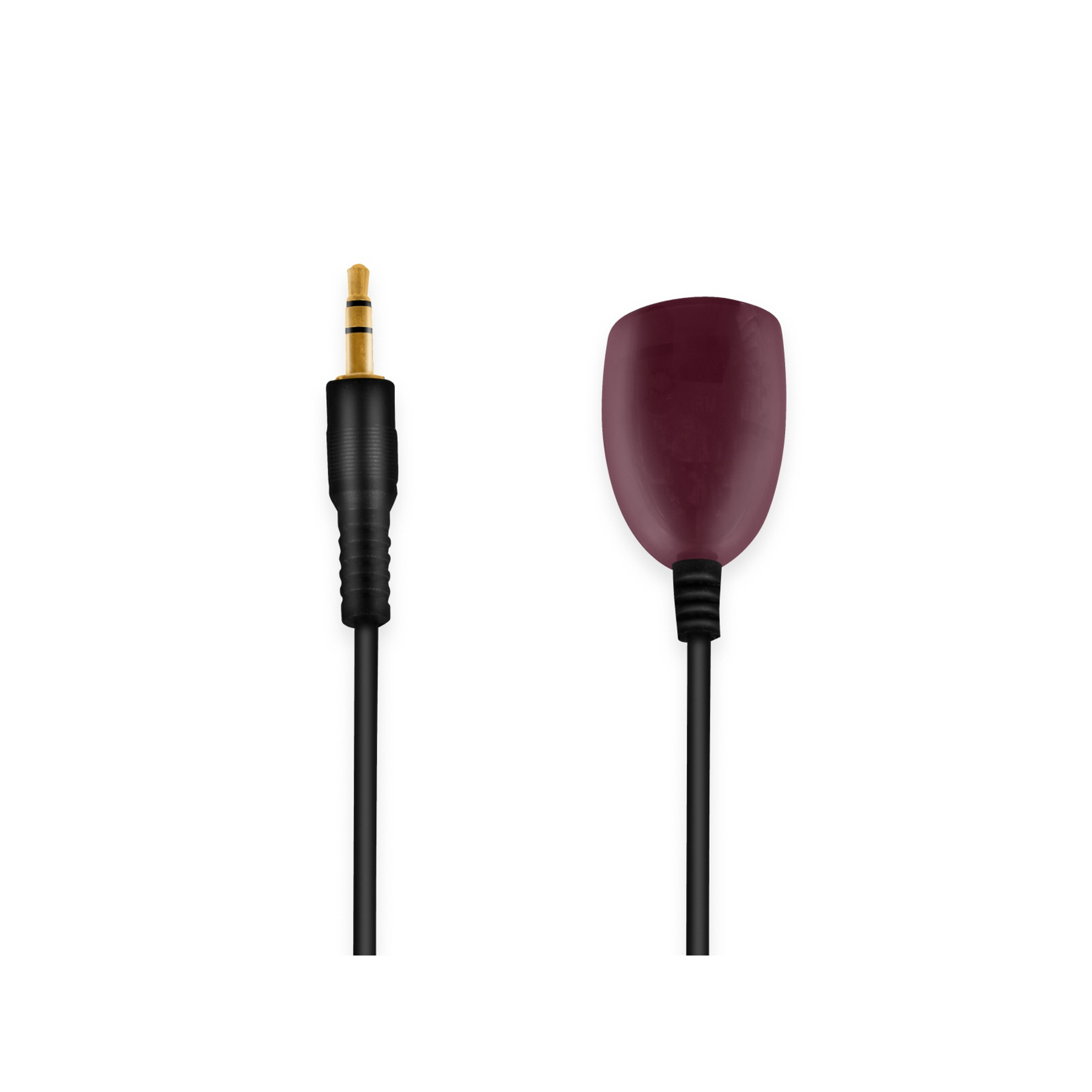 Conector de audio de 3,5 mm con cable negro y micrófono burdeos.