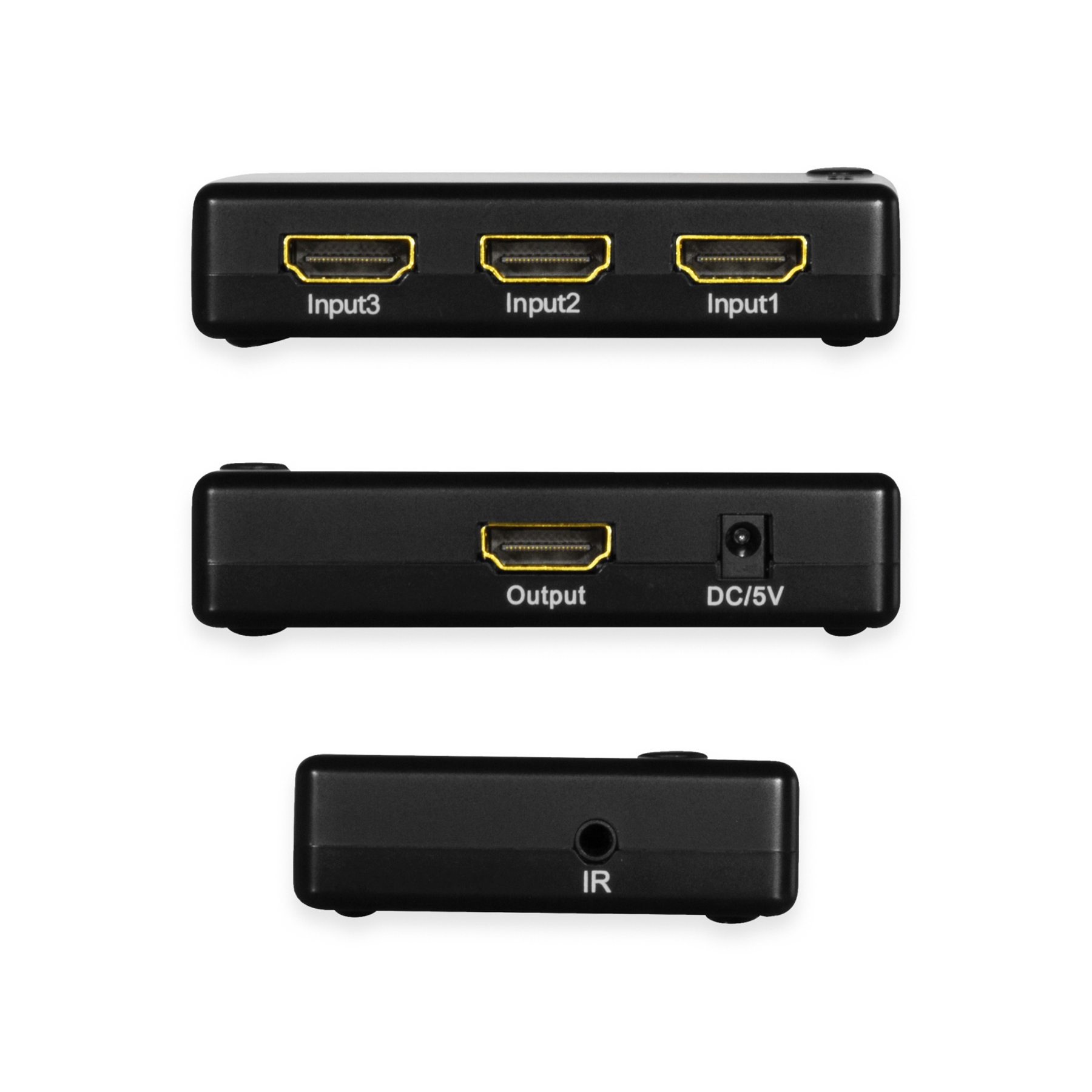 Dispositivo multipuerto HDMI, negro, con tres entradas.