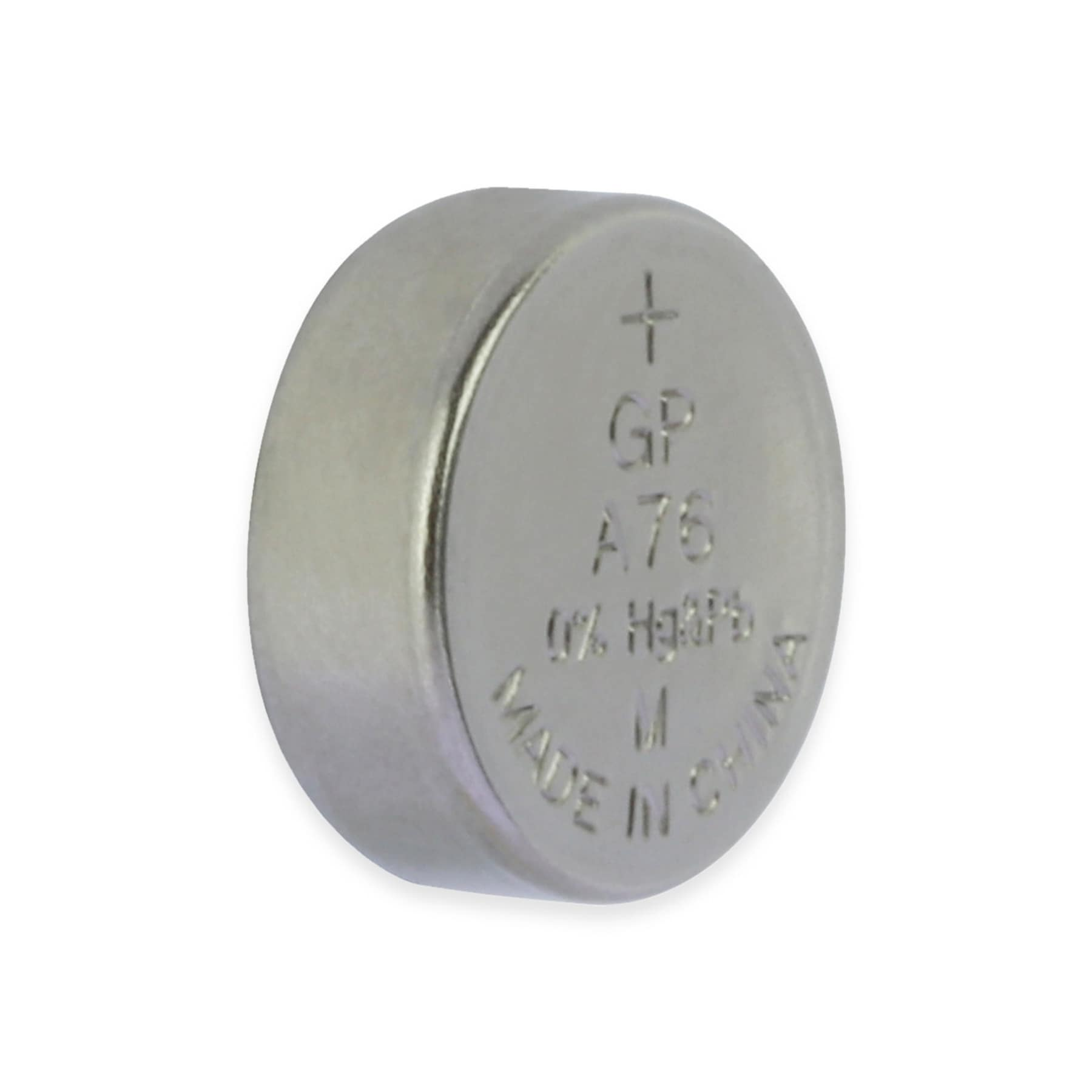 Srebrna bateria guzikowa z tekstem: +, GP A76, 0% Hg, Made in China.
