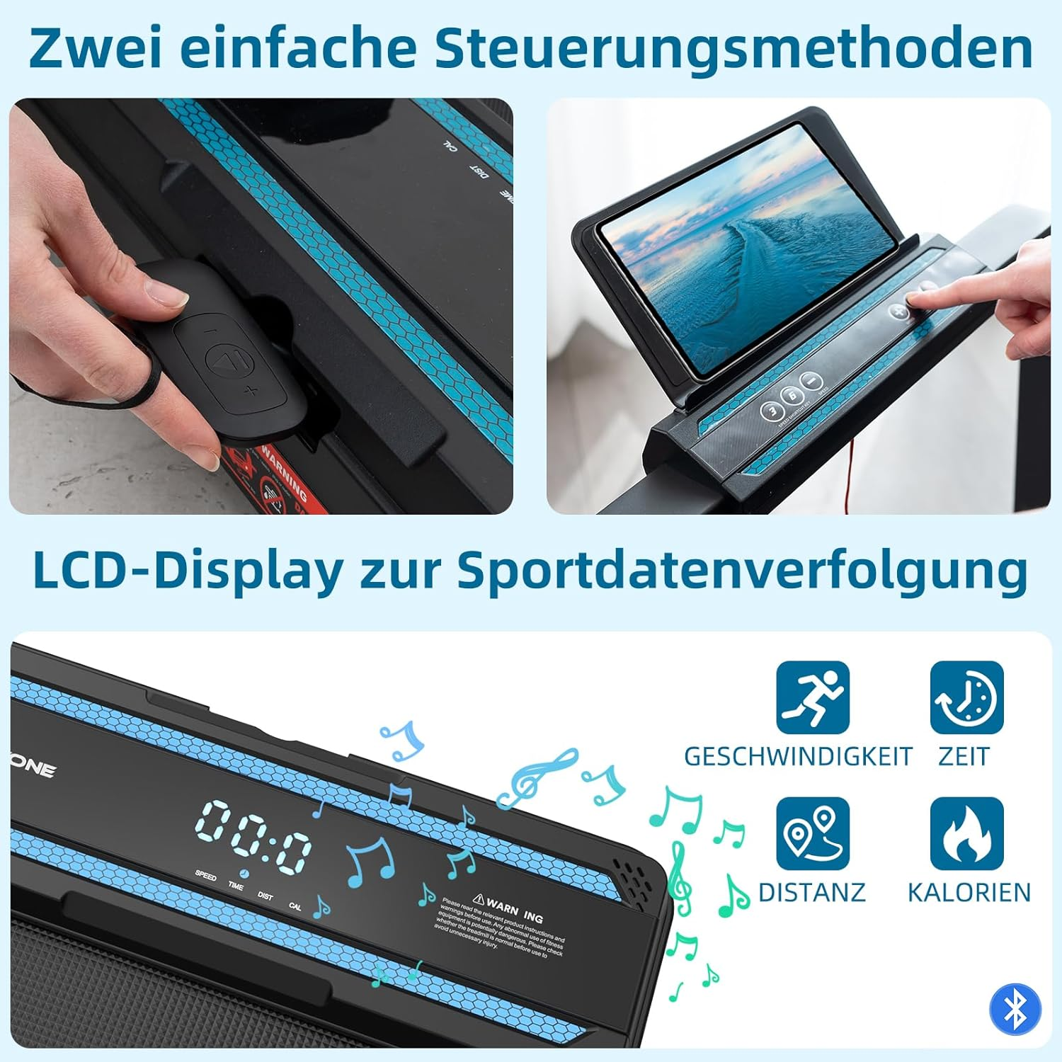 Laufband-Bedienfeld mit Fernbedienung und Touchscreen, zeigt Geschwindigkeit, Zeit, Distanz und Kalorien.
