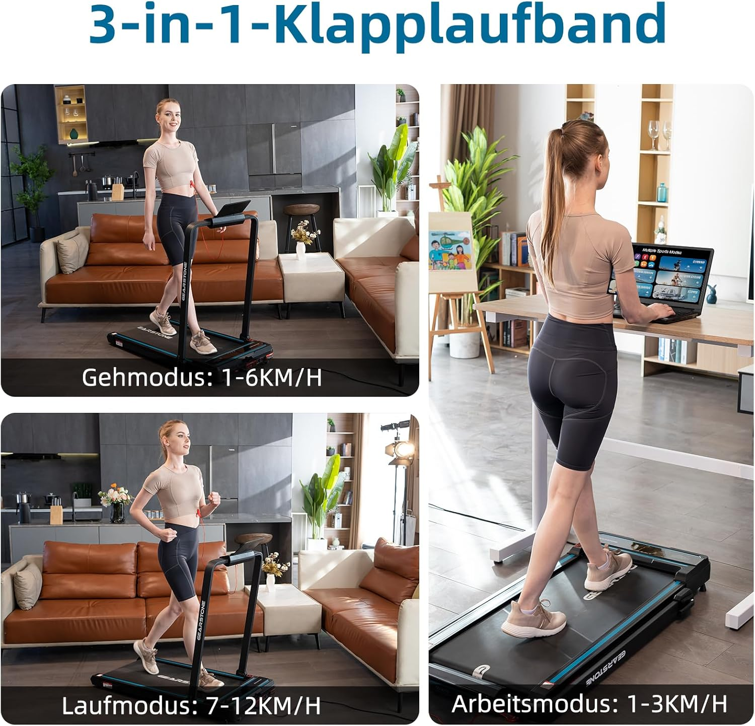 Frau auf einem Laufband in drei Modi, mit Textbeschriftungen.