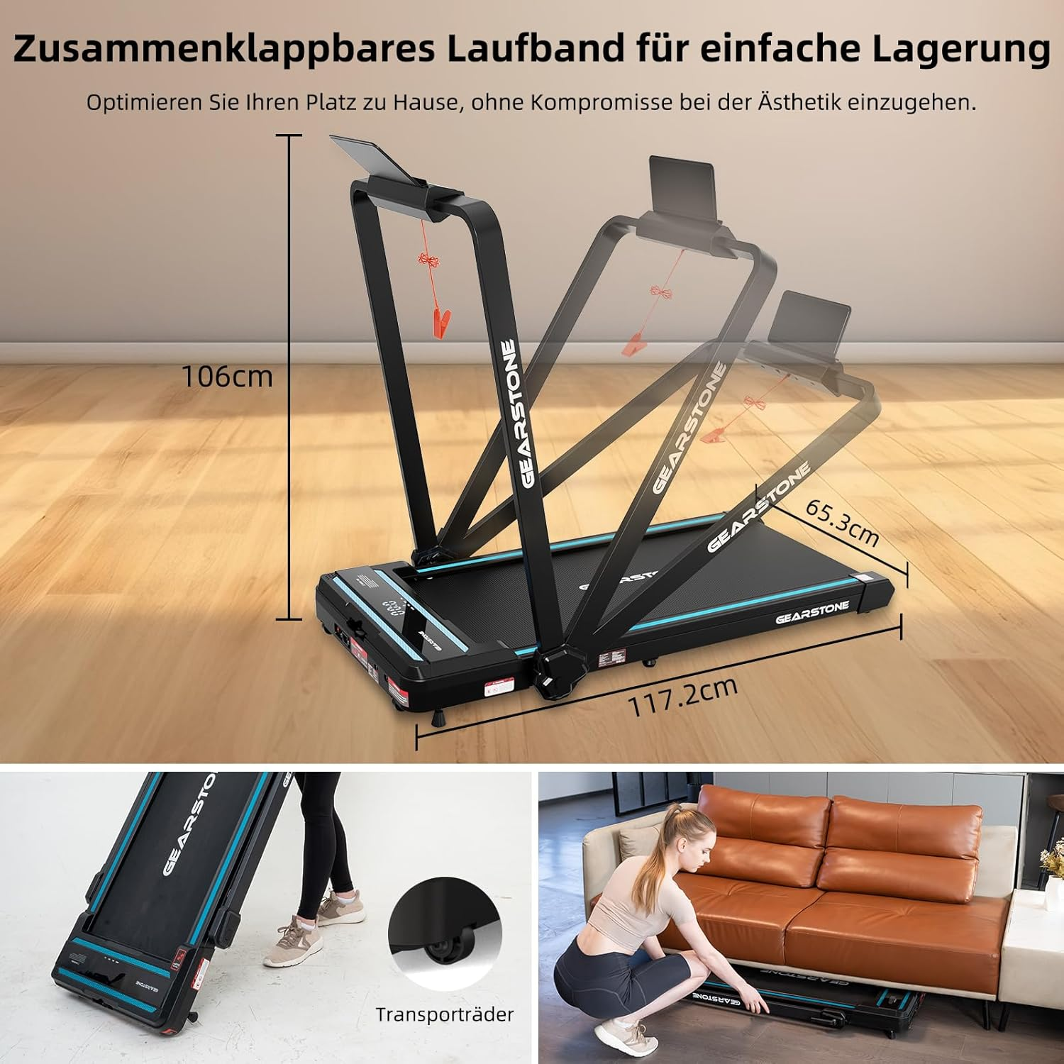 Ein Laufband wird zusammengeklappt und entfaltet mit Messungen.