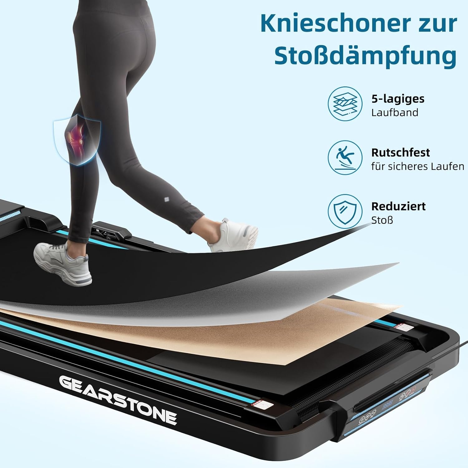 Die Beine einer Person sind auf einem Laufband zu sehen. Das Laufband zeigt Details zur Dämpfung.