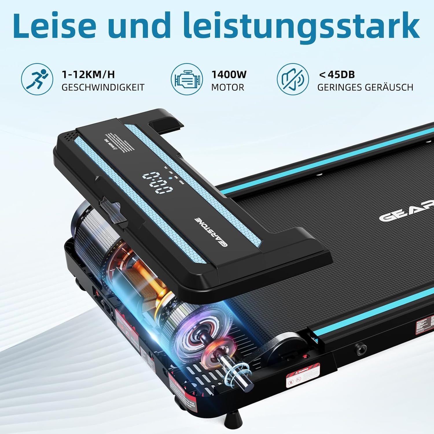 Laufband mit Display und Motordetails. Schwarz und Blau. Weißer Hintergrund.