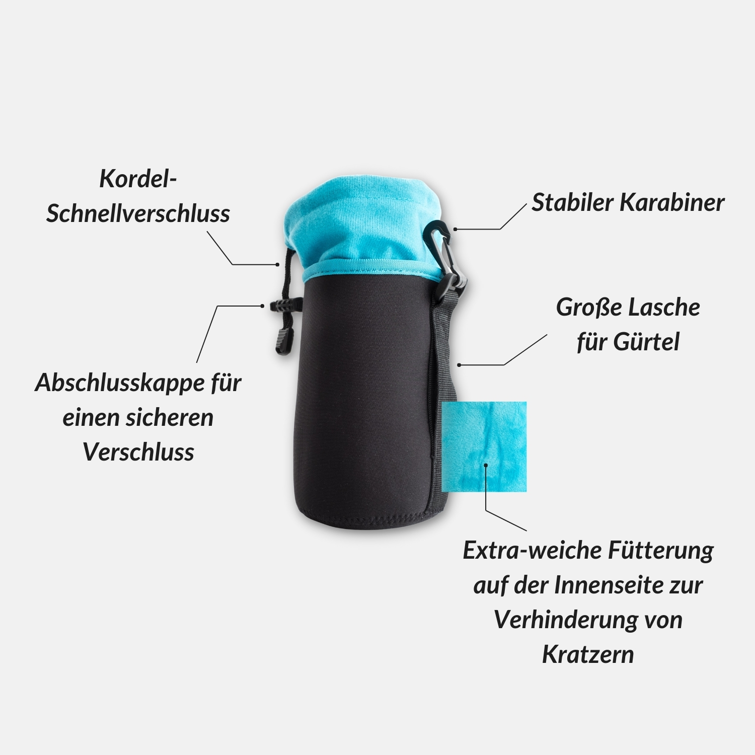 Ein Wasserflaschenträger mit blauem Oberteil und schwarzem Körper, mit Karabiner und sicherem Verschluss.