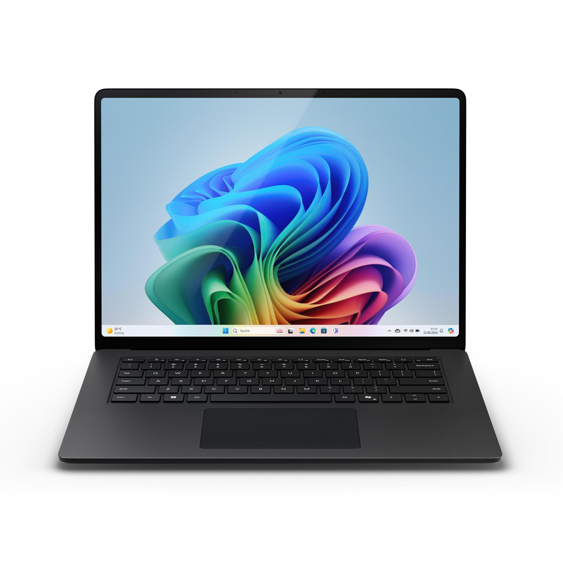 Czarny laptop z kolorowym tłem pulpitu i białą ramką.