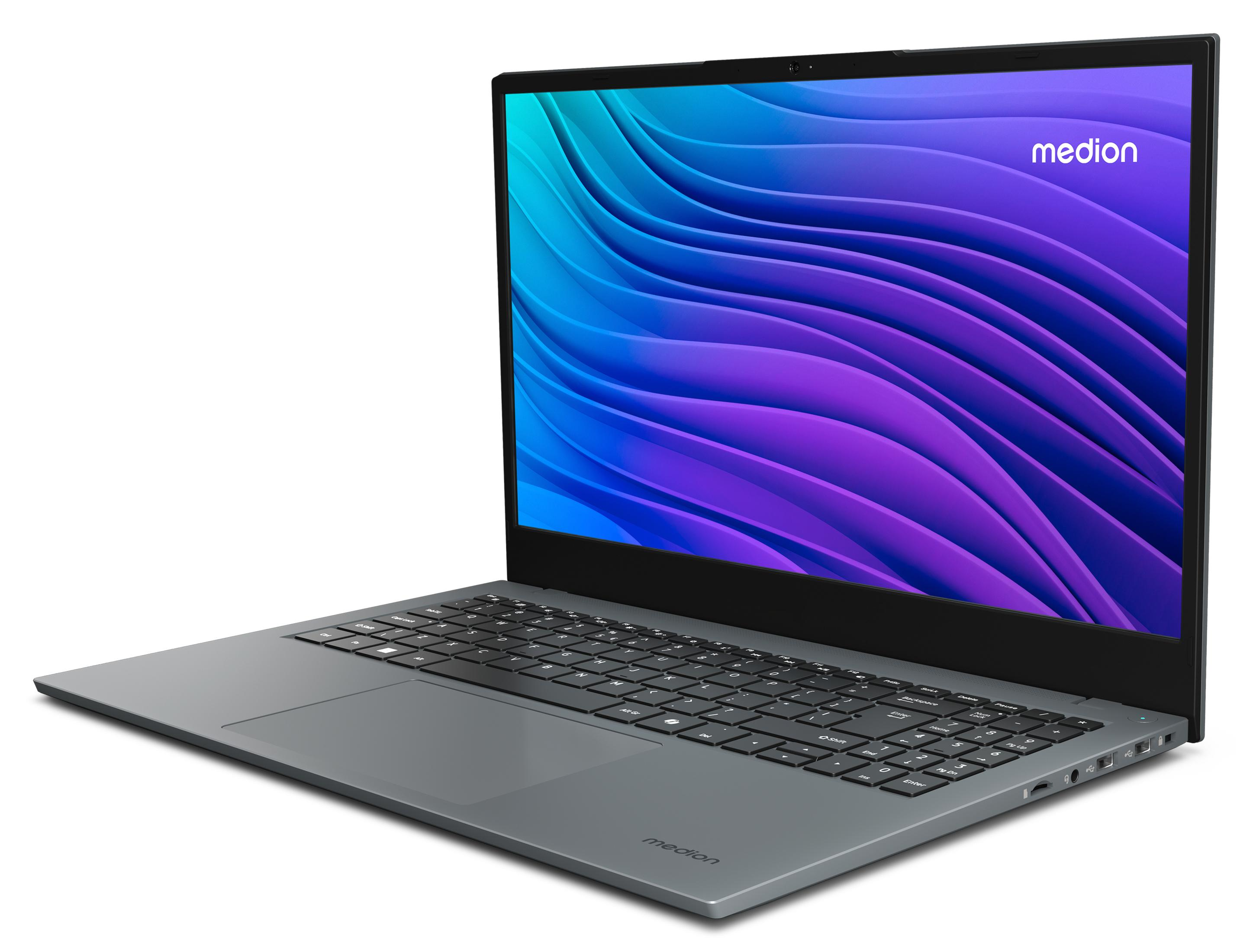 Laptop, otwarty, z ekranem pokazującym fioletowo-niebieski gradient i nazwą marki Medion.