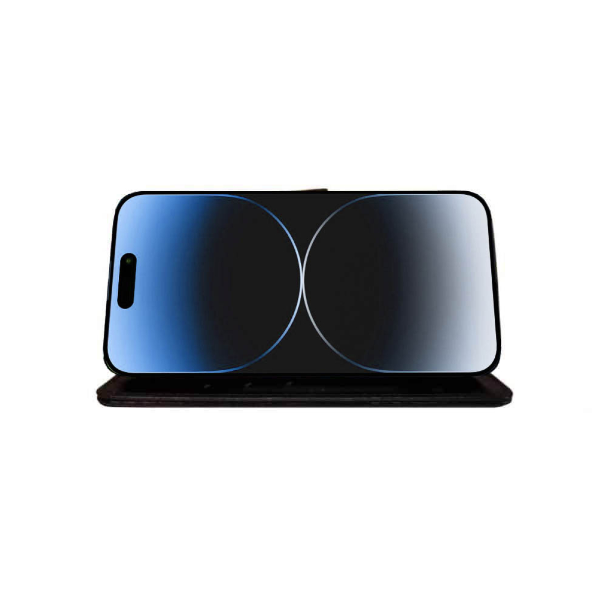 Smartphone mit blauem Farbverlauf auf schwarzem Ständer.